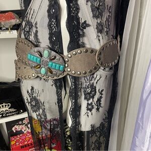 Boho Turquoise Concho Belt Wide Low Rise Western Belt Studded S/M